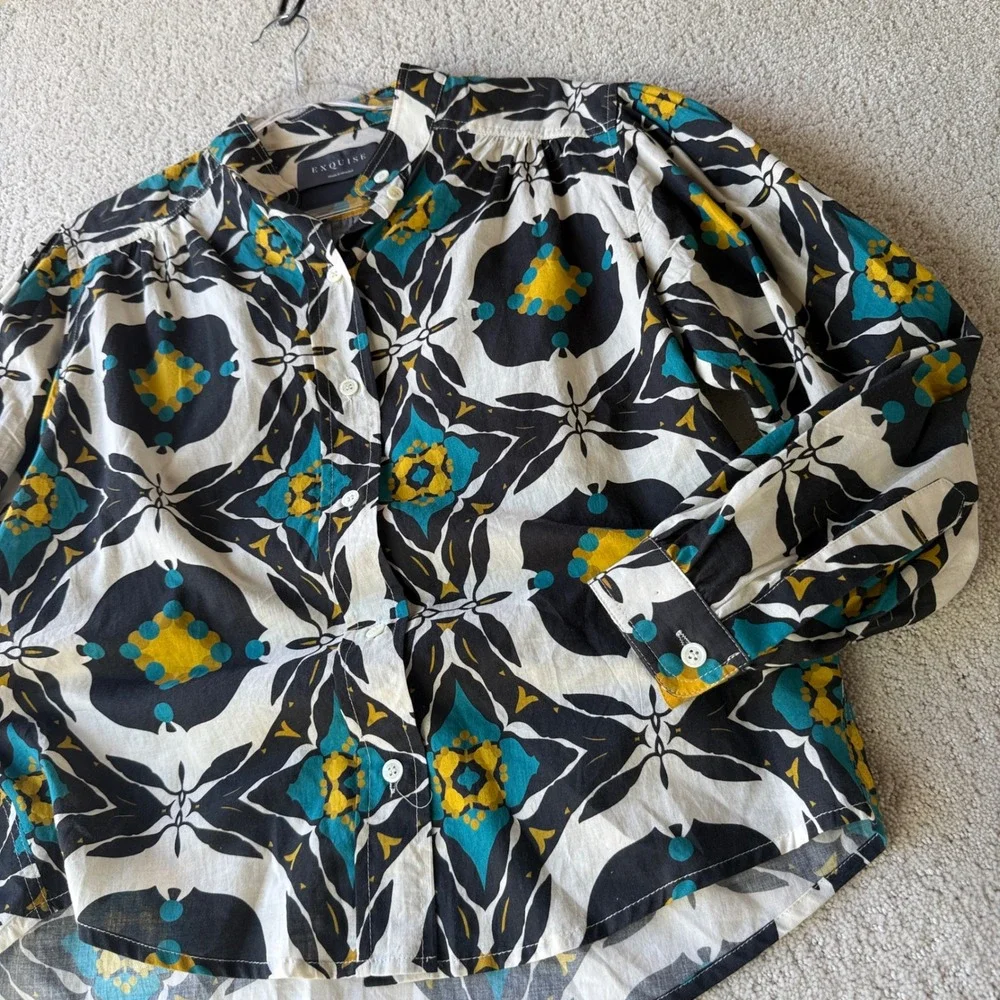 Anthropologie Exquise Button Down Shirt 4 Multi Geometric Kaleidoscope Print - Picture 8 of 15